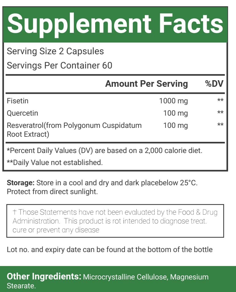 VitaCosmoX Fisetin Quercetin Resveratrol Complex Capsules, 120 Capsules