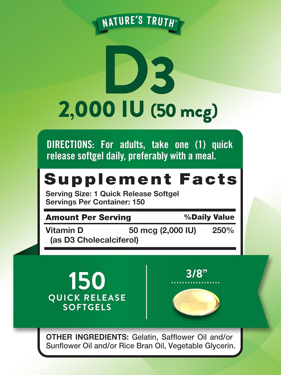 Nature's Truth Vitamin D3 2000 IU Softgels, 150 Count