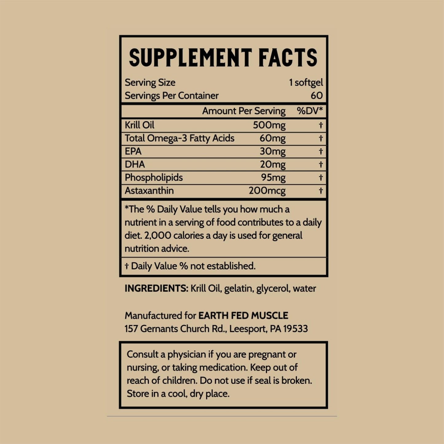 Earth Fed Muscle Arctic Advantage Krill Oil 500mg Capsules, 60 Count