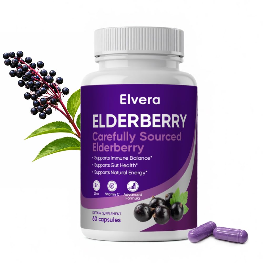 UOZXIL Elvera Elderberry Gut Support Complex 1200 mg Sambucus Elderberry Extract, Zinc + Vitamin C Advanced Formula, Digestive Wellness & Boost Energy, 60 Capsules