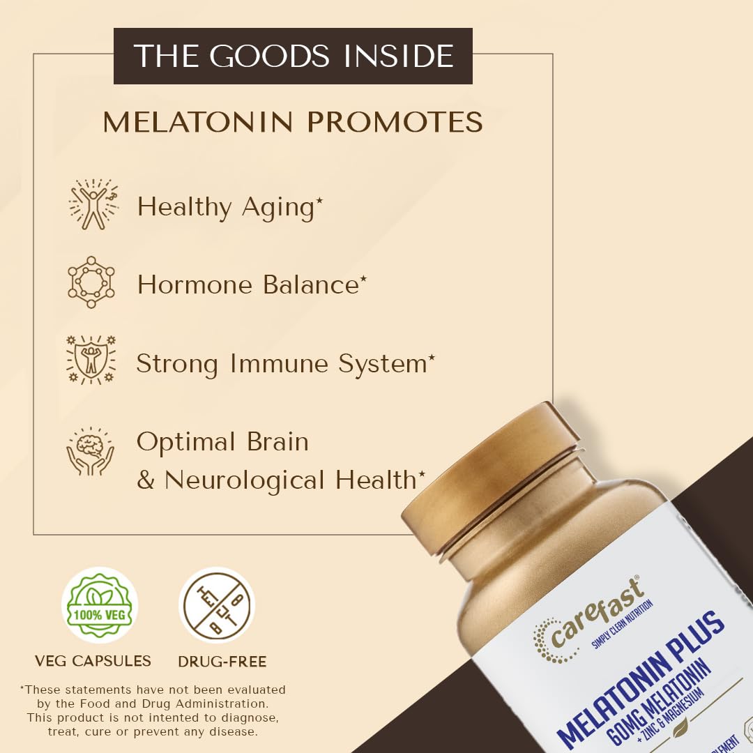 CAREFAST Melatonin Plus Extra Strength High Dose Sleep Supplement 60mg Capsules, 90 Count