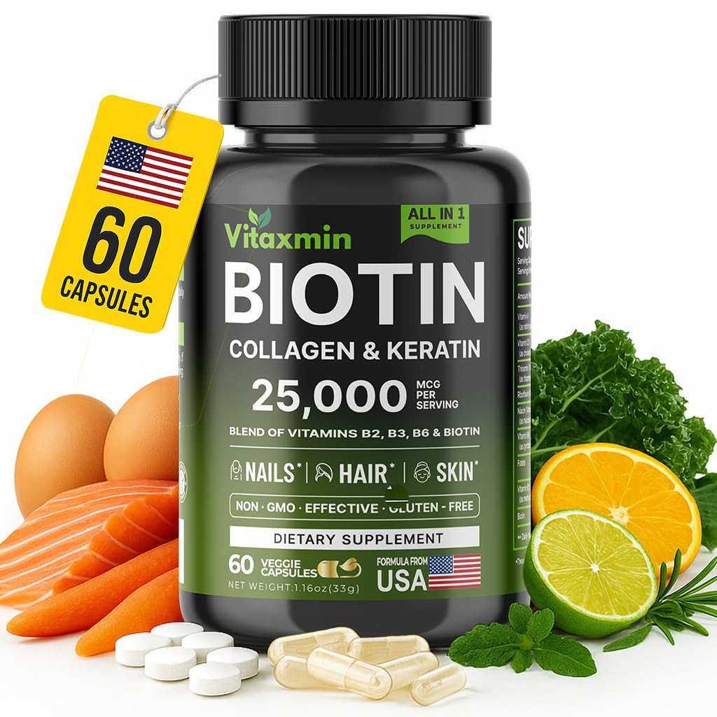 Vitaxmin Biotin 10000mcg with Collagen Keratin Hyaluronic Acid - Hair Growth Vitamins for Women & Men - Hair Skin and Nails Vitamins with B Complex Capsules 60 Count