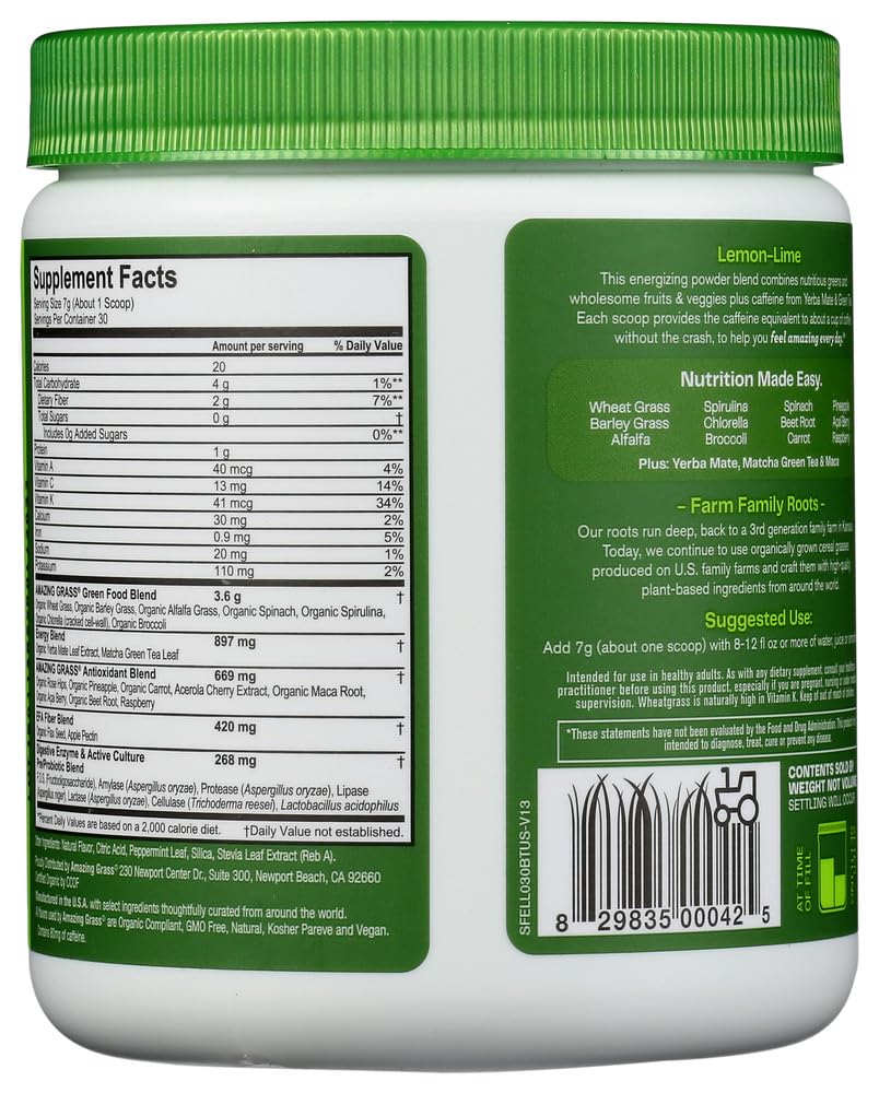 Amazing Grass Energy Green Superfood Powder Lemon Lime Flavor, 7.4 Ounce