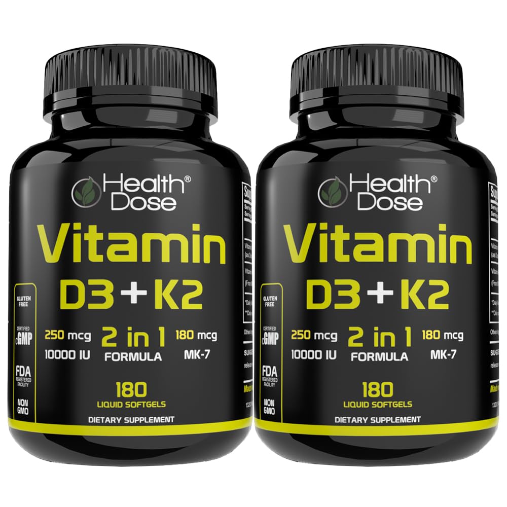 Health Dose Vitamin D3 10,000 IU + K2 (MK7) Supplement, 2-in-1 Formula, Immune Support, a Healthy Mood, Heart, Joint, Teeth, Bone Health, Calcium Absorption Softgels 180