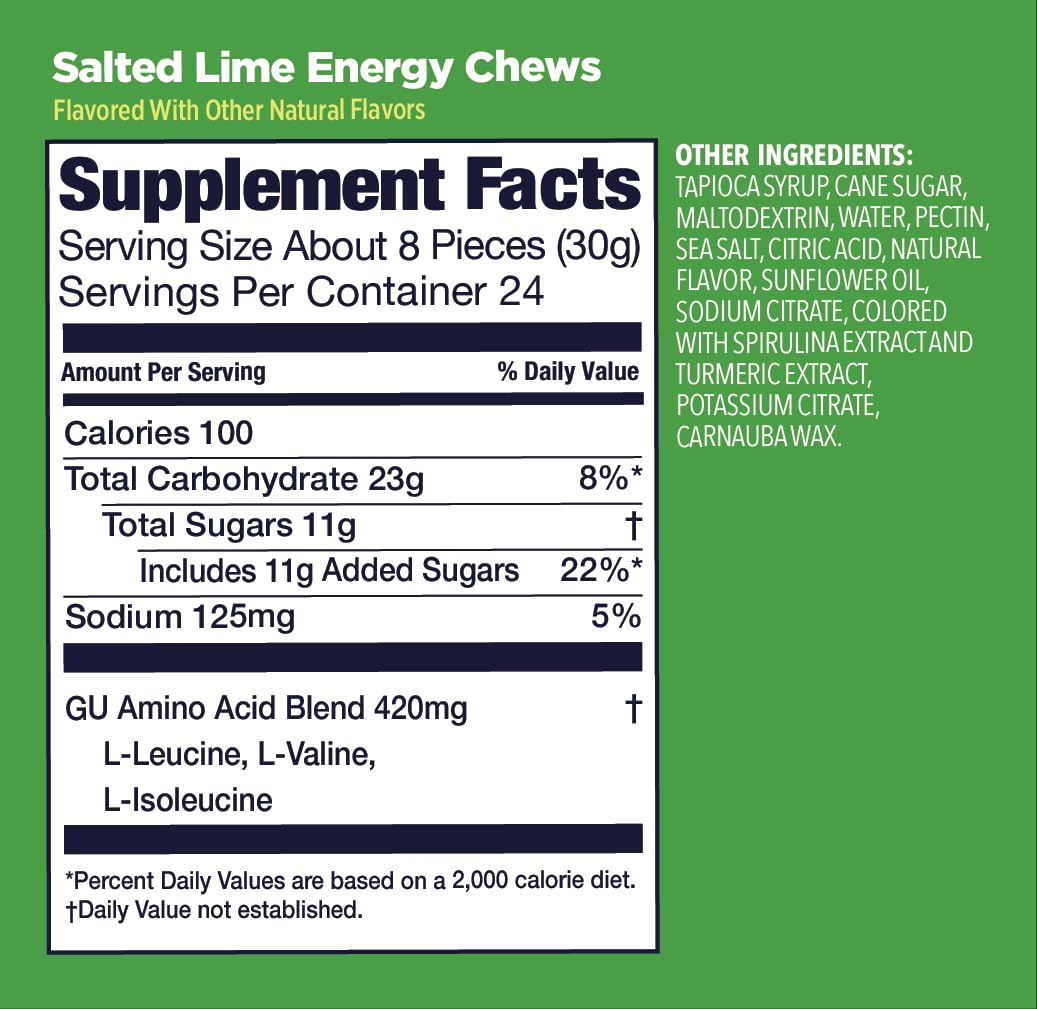 GU Energy Salted Lime Chews Gummy, 12 Bags (24 Servings Total)