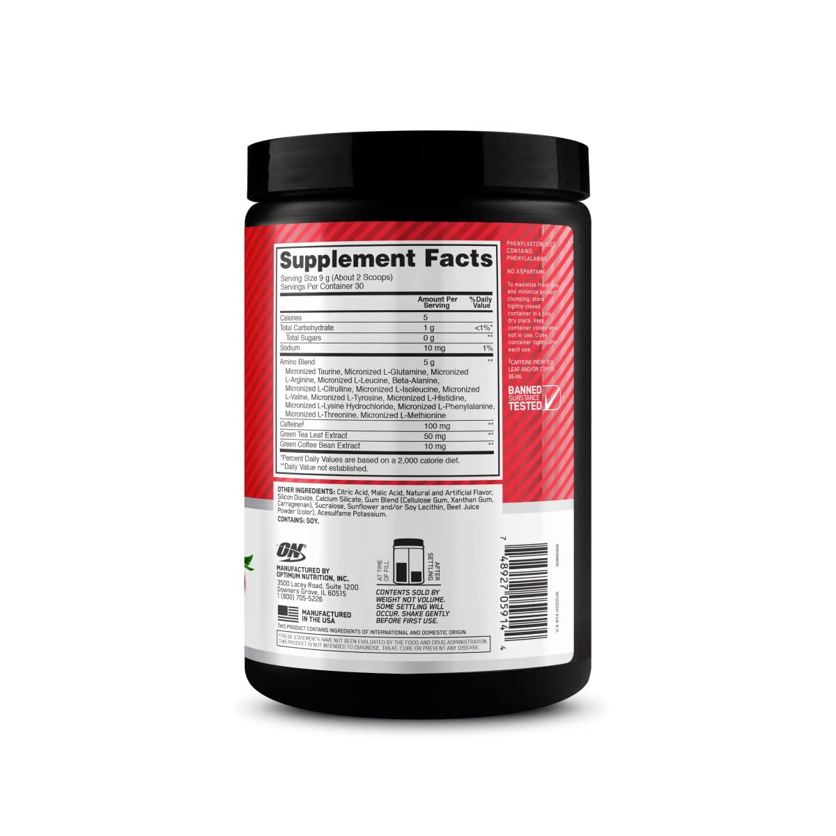 Optimum Nutrition Amino Energy Pre Workout with Green Tea, BCAA, Amino Acids - Juicy Strawberry Burst Powder 9.5 Ounce