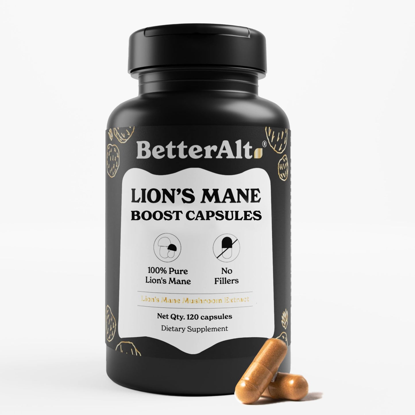 Better Alt Lion's Mane Mushroom Capsules, 1000 mg High-Potency 15:1 Extract, 30% Polysaccharides, 120 Capsules