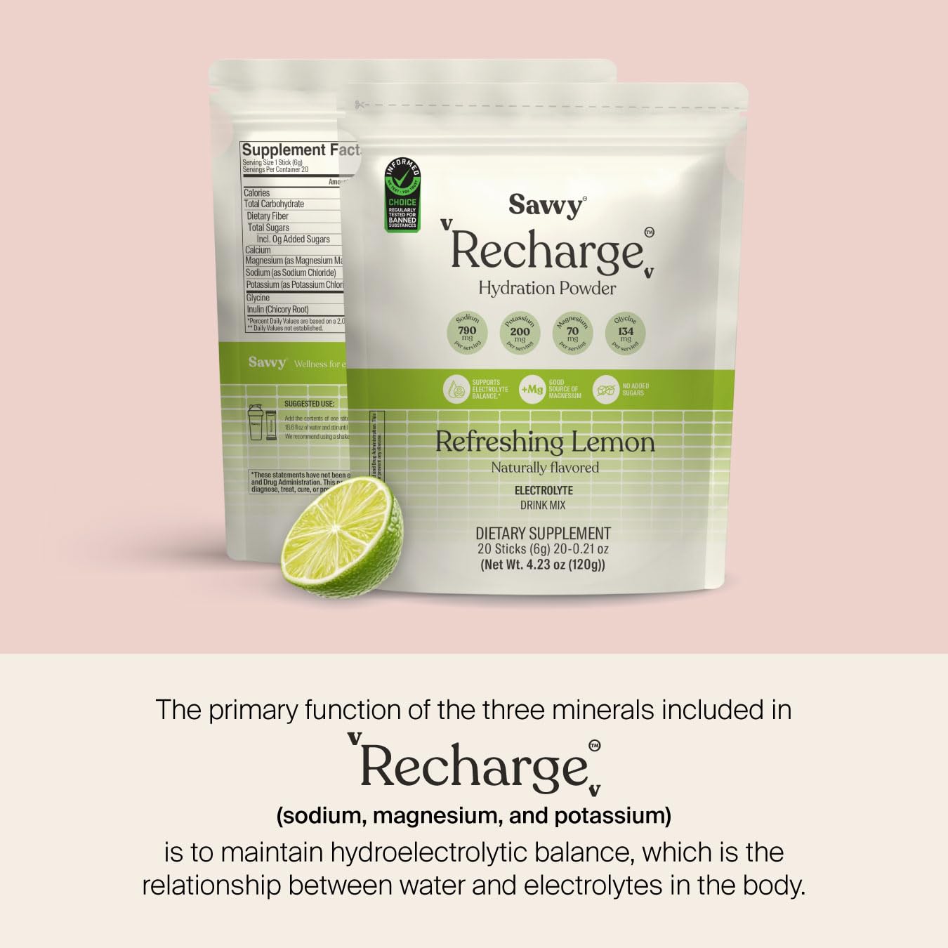 SAVVY Savvy Recharge Electrolyte Powder, Sugar Free Conscious Hydration Drink with Sodium, Magnesium, Potassium & Glycine, Lemon Flavor, 20 Sachets