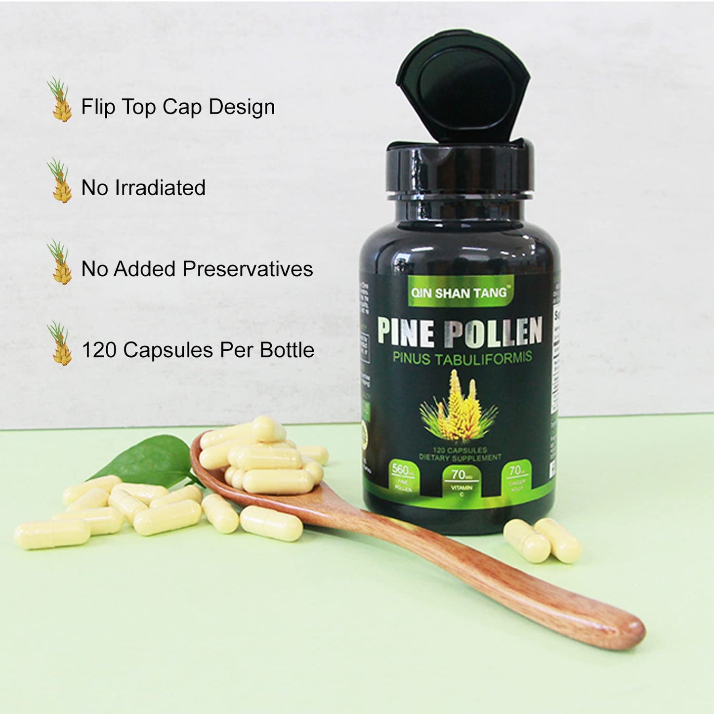 QIN SHAN TANG Pine Pollen Supplement with Ginger Root and Vitamin C, 99% Cracked Cell Wall, Capsules, 120