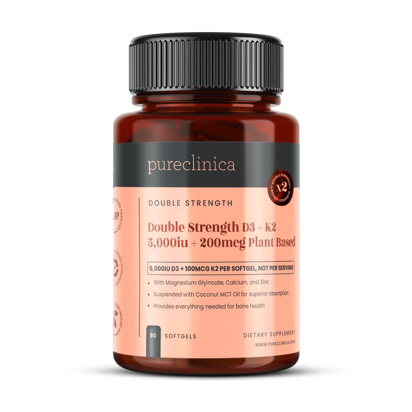 pureclinica Double Strength D3 + K2 Complex Vegan Softgels, 90 Count