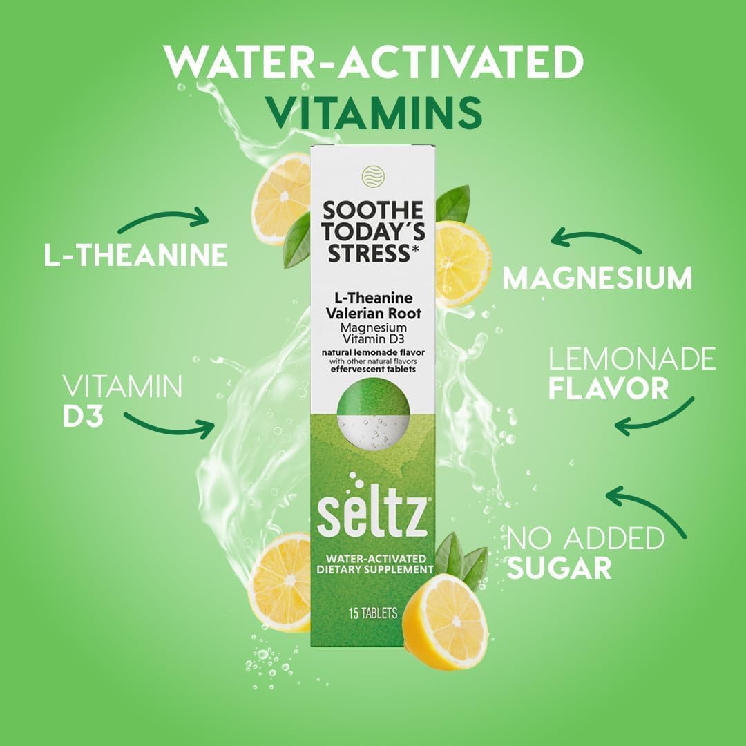 Seltz Soothe Today’s Stress – Effervescent Vitamins for Relaxation & Focus with L-Theanine, Magnesium & Vitamin D3, Lemonade Flavor, 90 Tablets