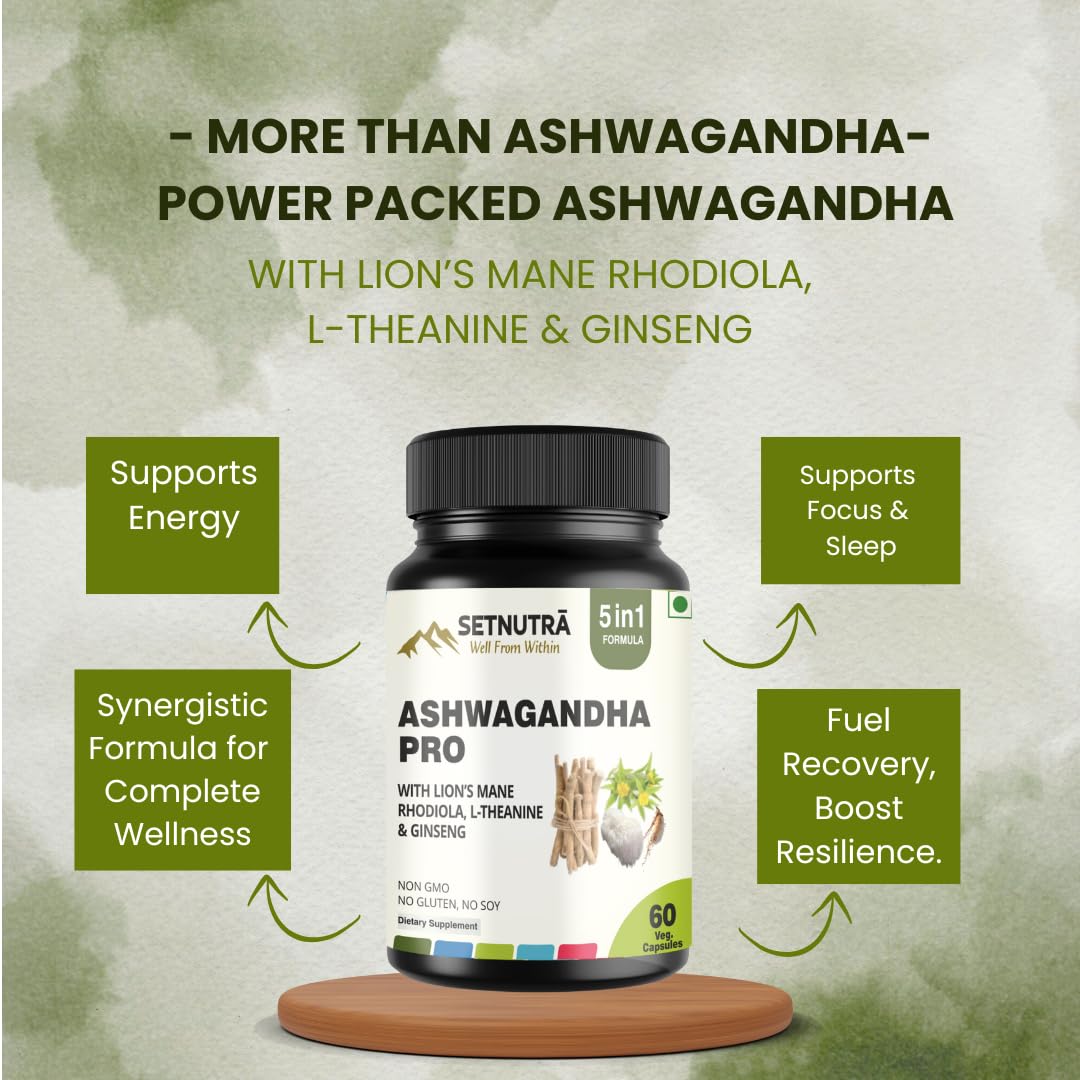 SETNUTRA Well From Within 5 in 1 Ashwagandha Pro Supplement with Lion's Mane Rhodiola L-Theanine & Ginseng Capsules 60 Count