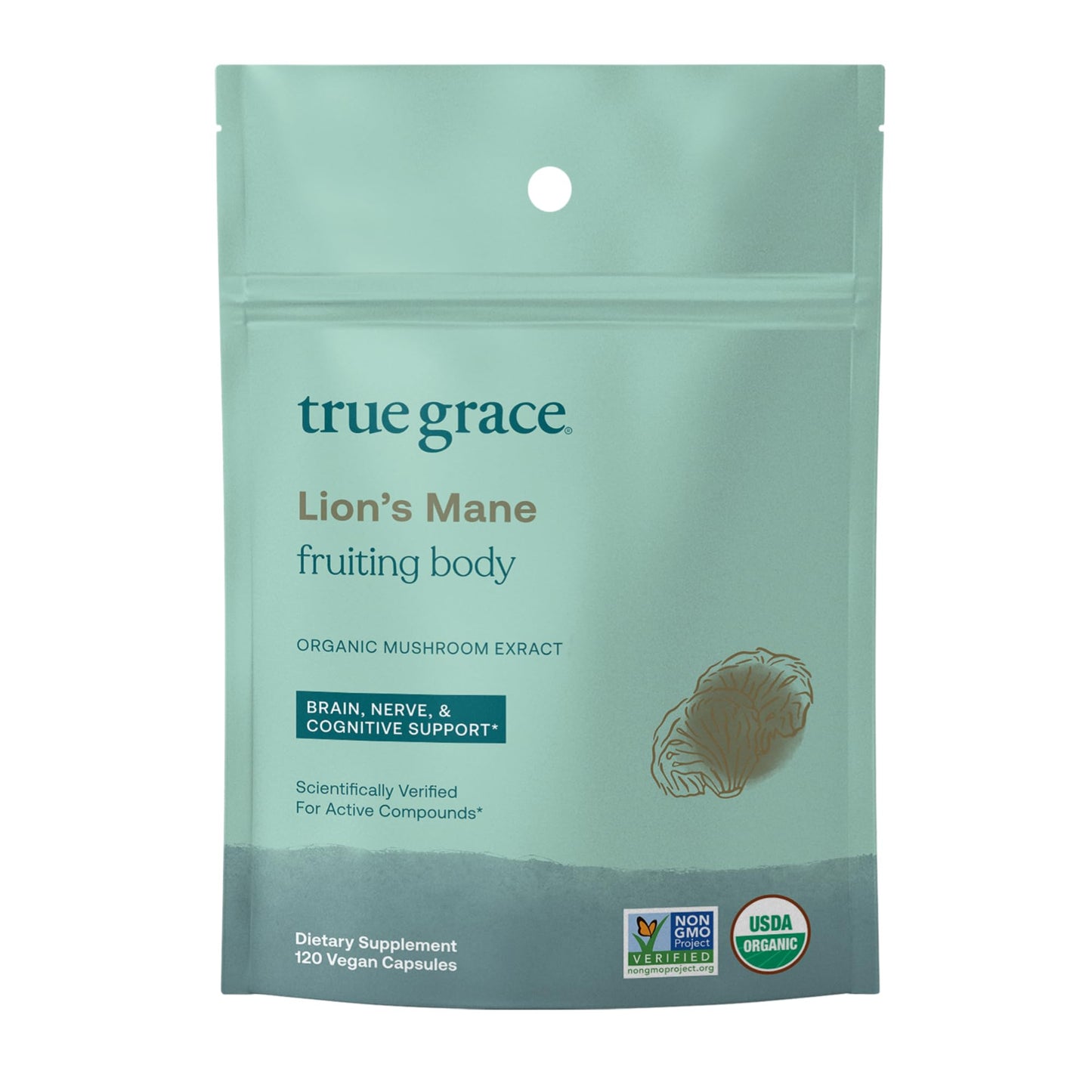 True Grace Lion's Mane Mushroom Brain, Nerve & Cognitive Support Capsules, 120 Count