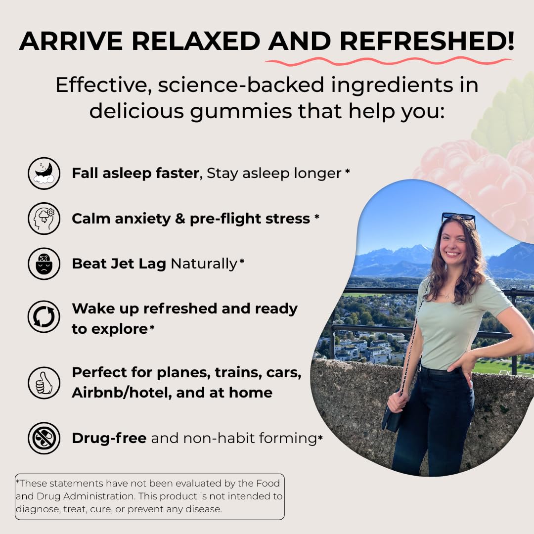 FlyHugz Travel Sleep Support Gummies with Melatonin, L-Theanine & Magnesium, 60 Vegan Gummies