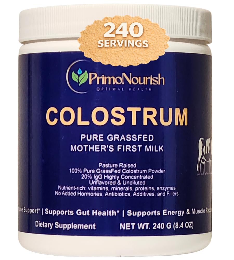 PrimoNourish Grass-Fed, Pasture-Raised Pure Bovine Colostrum Powder for Immune & Gut Support, Energy & Recovery, 8.4 oz
