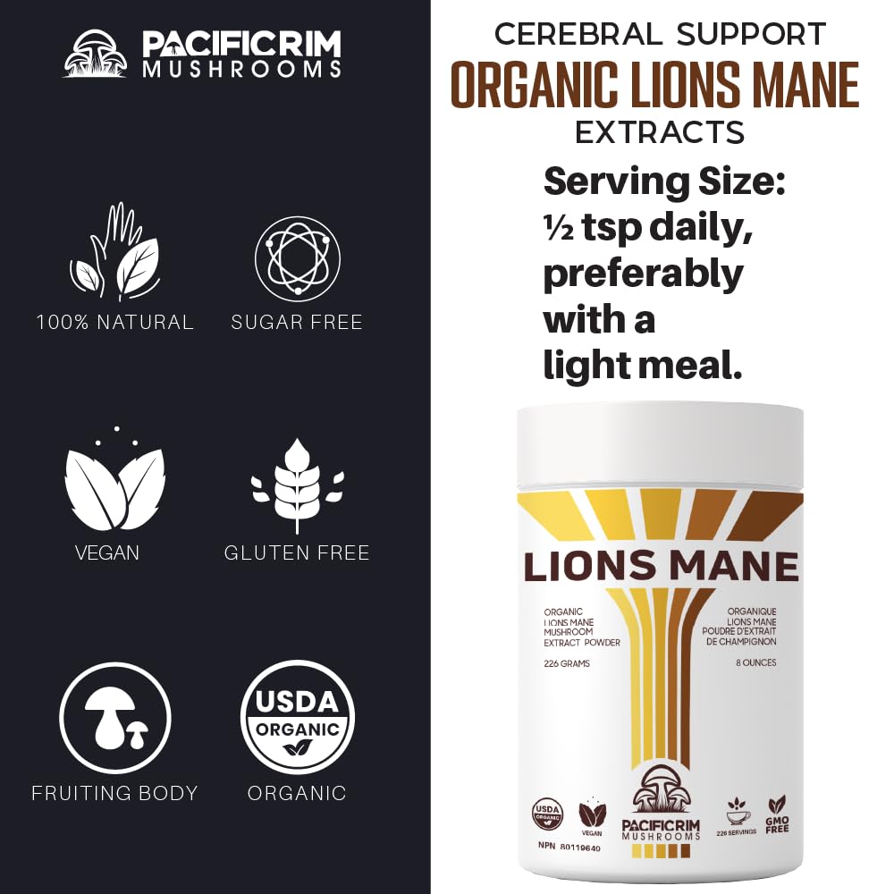 Pacific Rim Mushrooms Organic Lions Mane Mushroom Extract Powder 10:1 – Fruiting Body Mushroom Supplement Powder, 0.28 oz