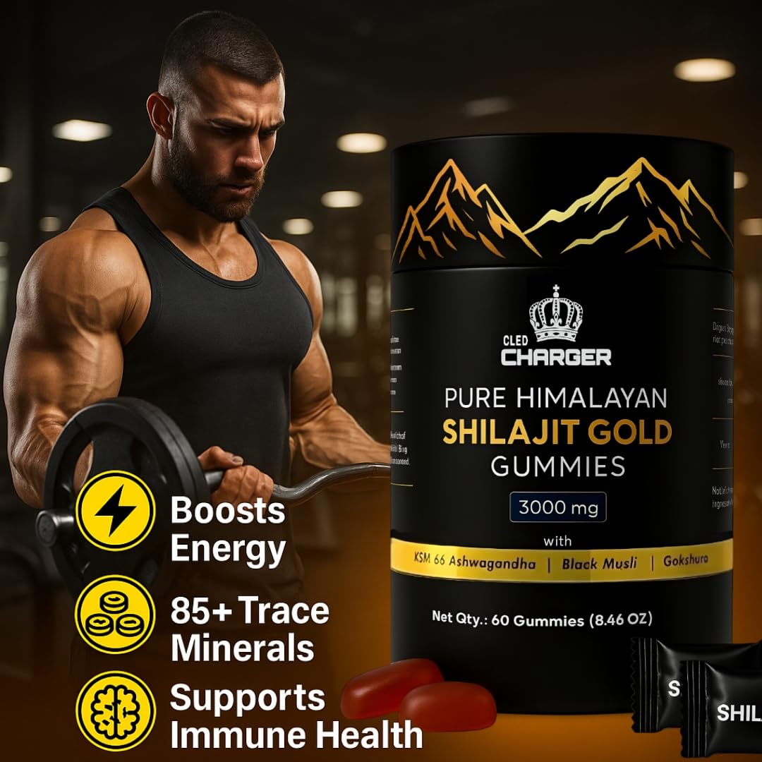 Cled Charger Shilajit Gummies for Men & Women, 3000mg Pure Organic Himalayan Shilajit with Ashwagandha Gokshura, 85+ Trace Minerals & Fulvic Acid, Non-GMO, No Added Sugar, 60 Gummies