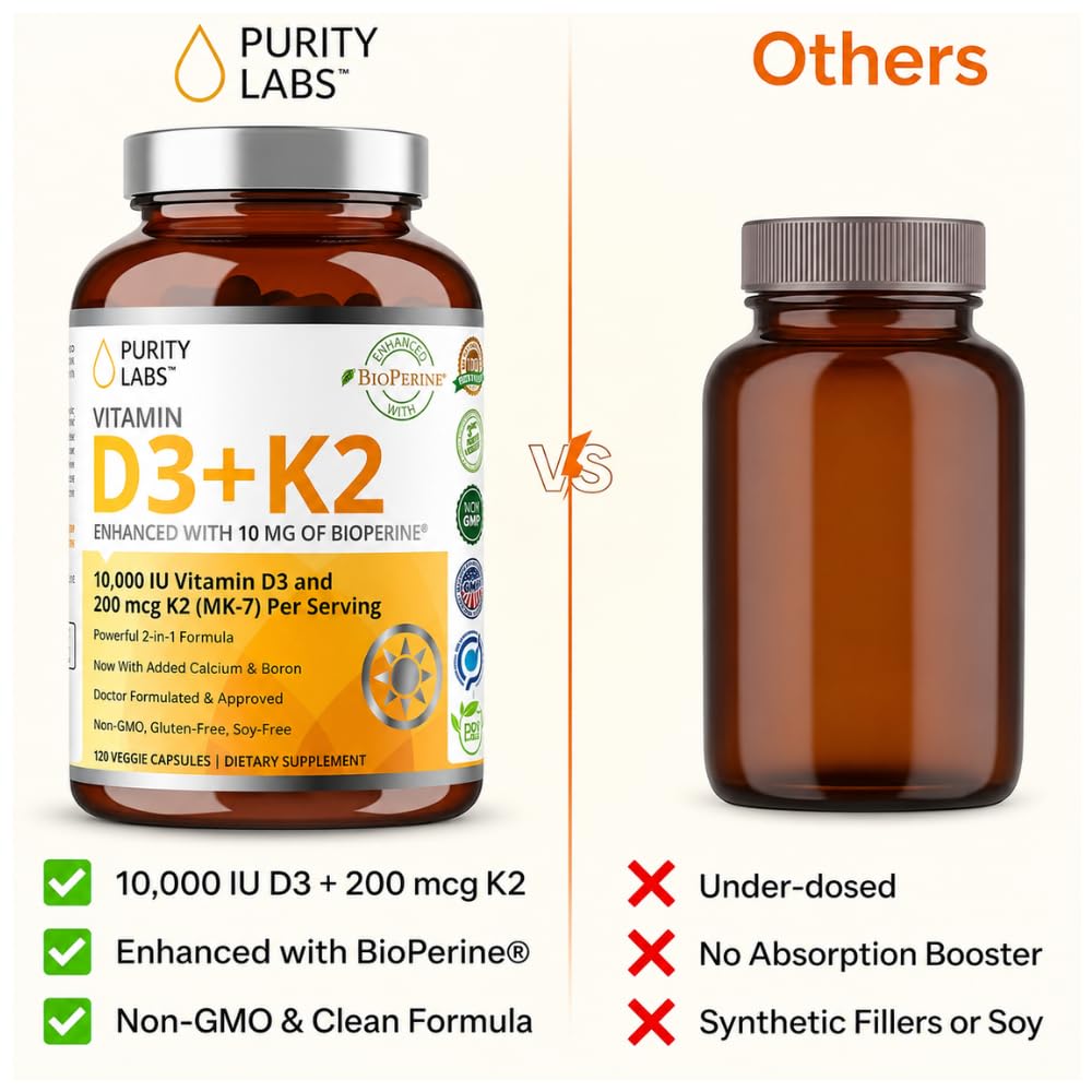 Purity Labs Vitamin D3 K2 10000 IU (250mcg) D3 + 200mcg K2 MK7 Capsule 120 Count