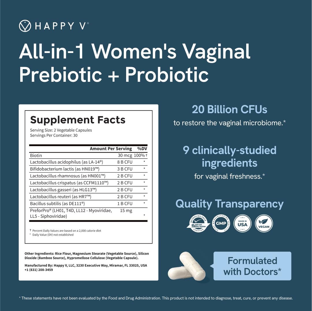 Happy V Dr. Formulated Vaginal Probiotics for Women Odor & Itch Support, Urinary & Gut Health, pH Balance Capsule 60 Count