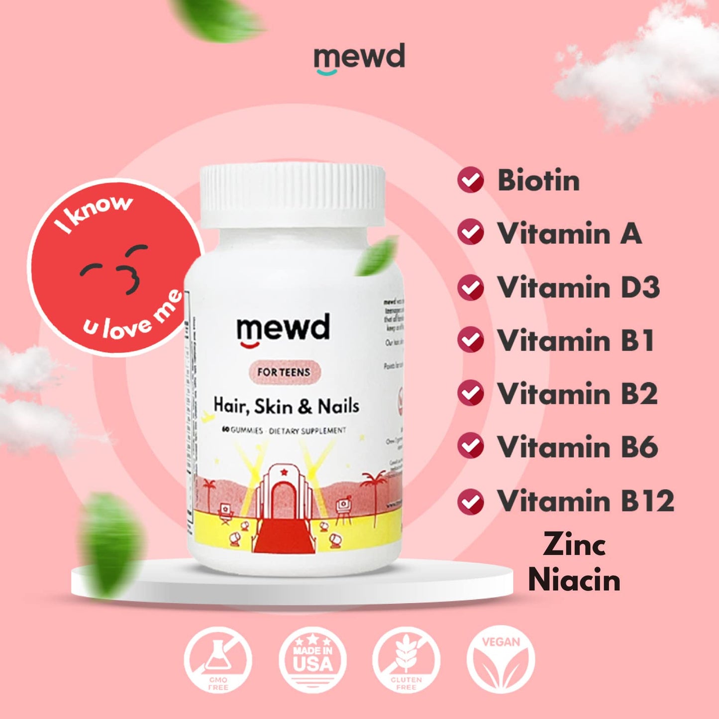 MEWD Teen and Kids Hair, Skin & Nails Support Multivitamin Gummies - Biotin Strength & Growth with Zinc, Vitamins A, D3, B1, B2, B6 & B12 - Gluten-Free, Non-GMO for Girls & Boys - 60 Count