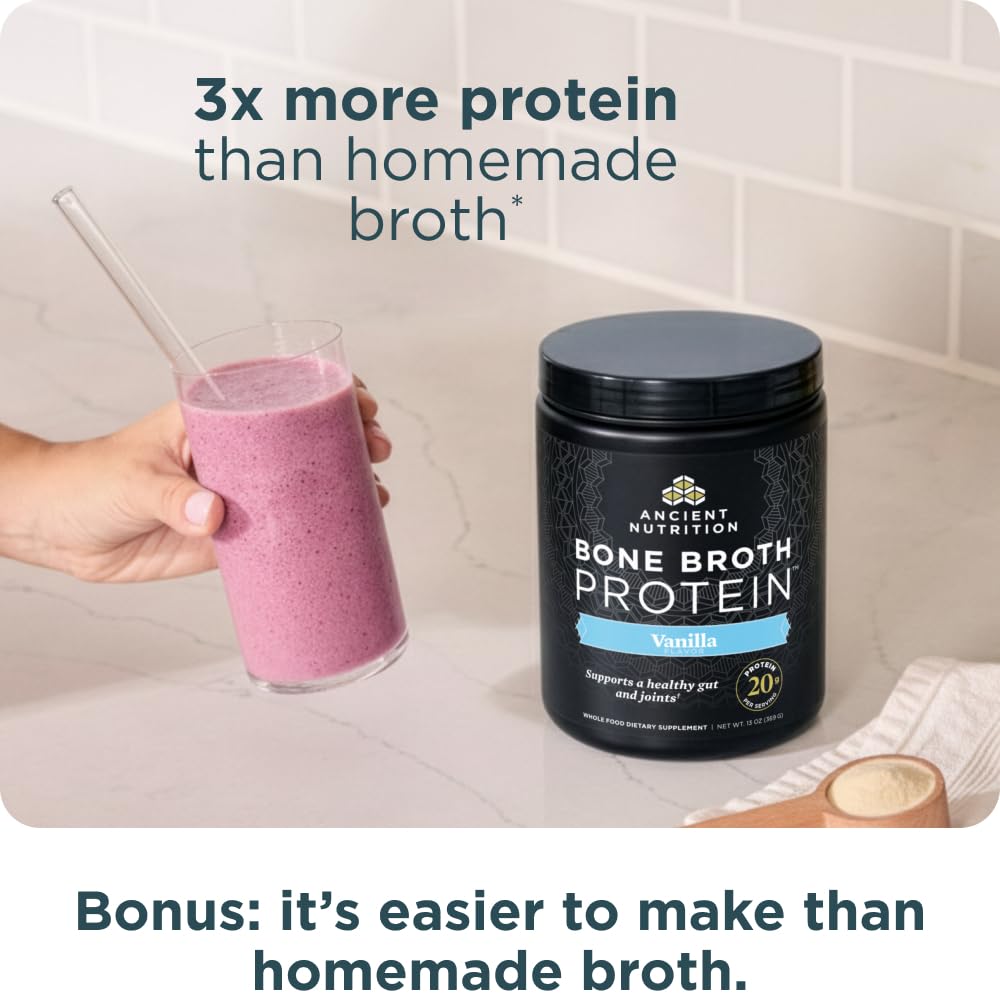 Ancient Nutrition Grass Fed Bone Broth Protein Powder, Vanilla, 13 Servings