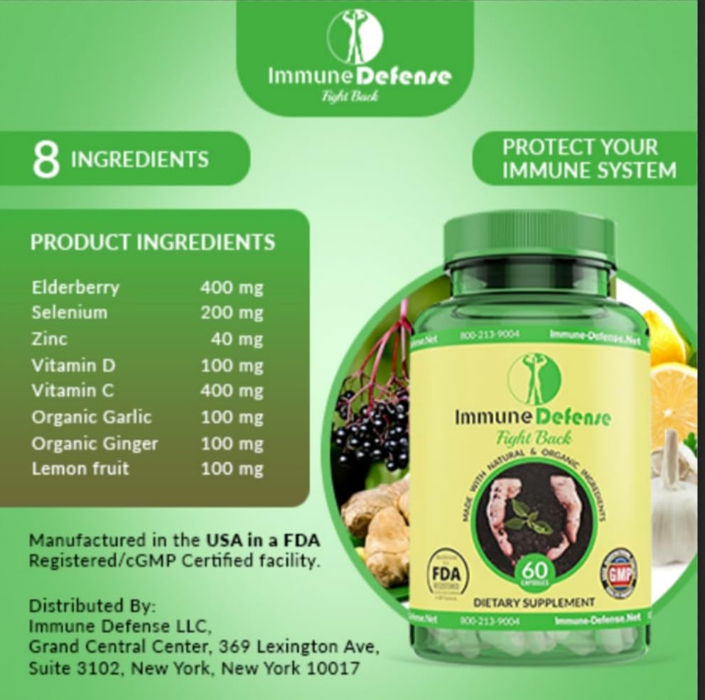 Immune Defense Immune Support Supplement with Vitamin C & Vitamin D, Garlic, Ginger, Lemon, Elderberry, Selenium & Zinc, 60 Capsules