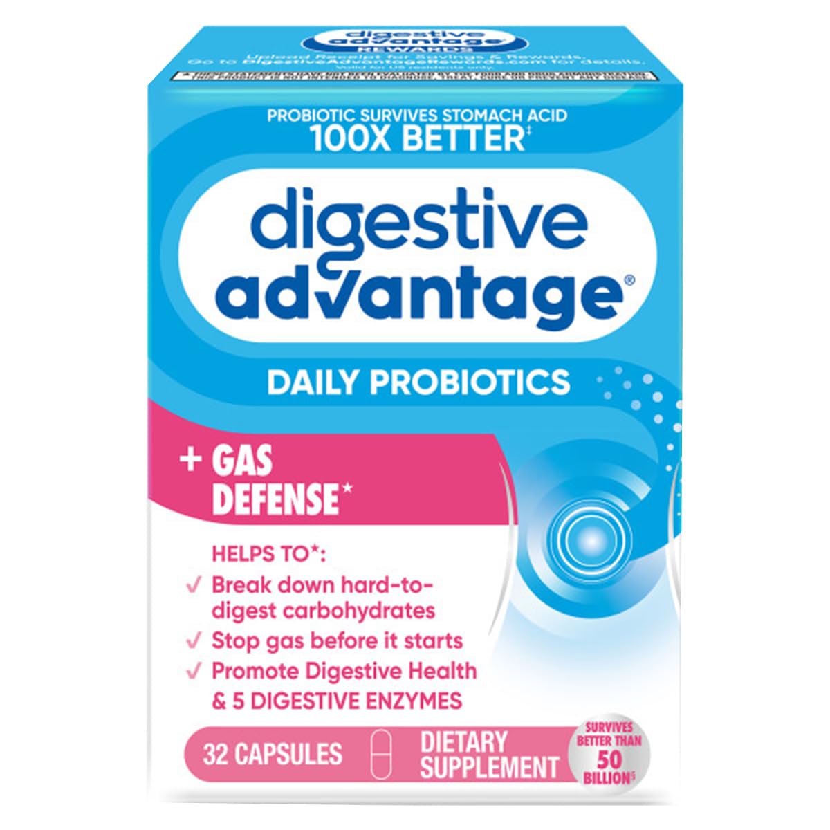 Digestive Advantage Fast Acting Enzymes + Daily Probiotic Prevent Gas & Break Down Food Particles Capsules 32 Count