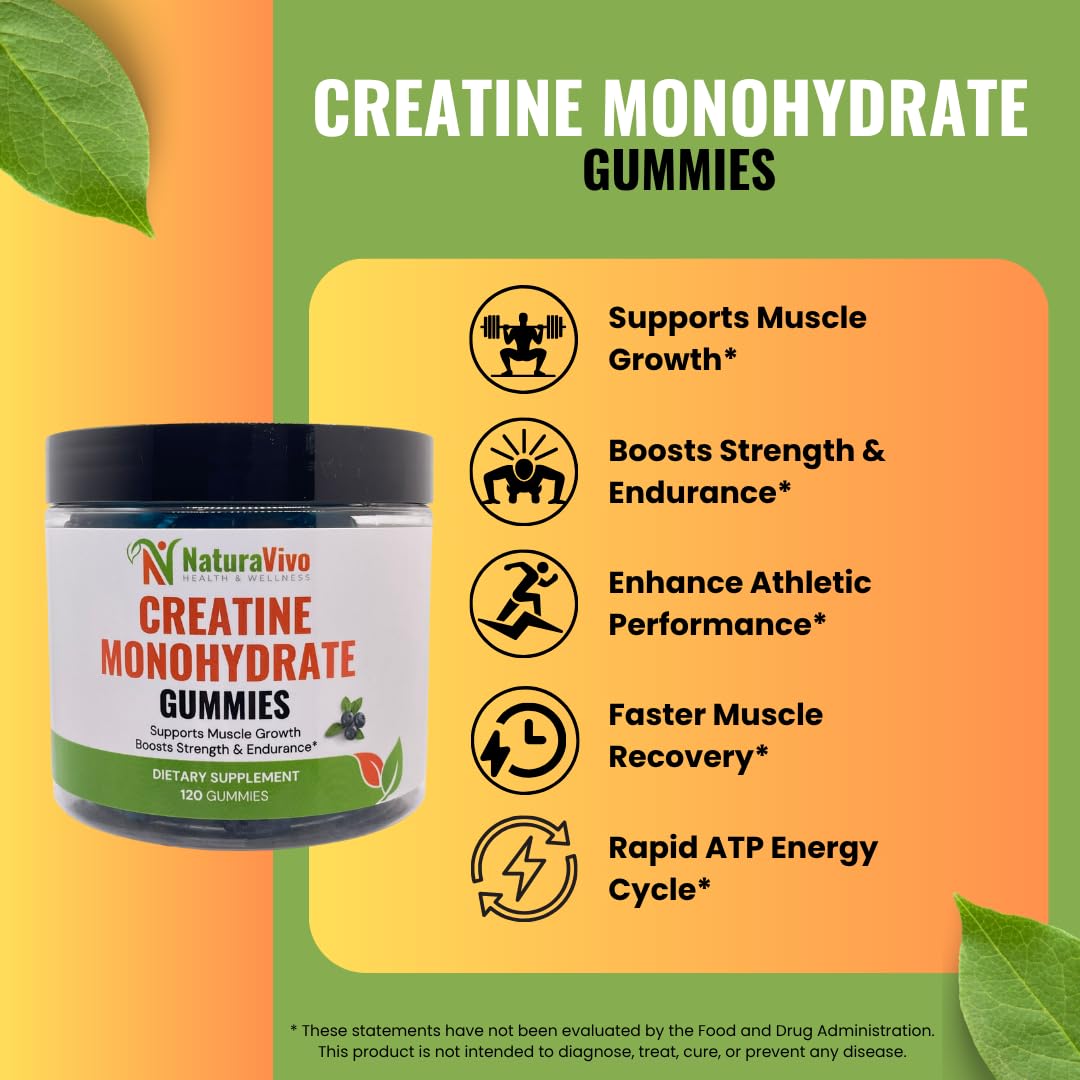NaturaVivo Health & Wellness Creatine Monohydrate Gummies 5000mg, 120 Count