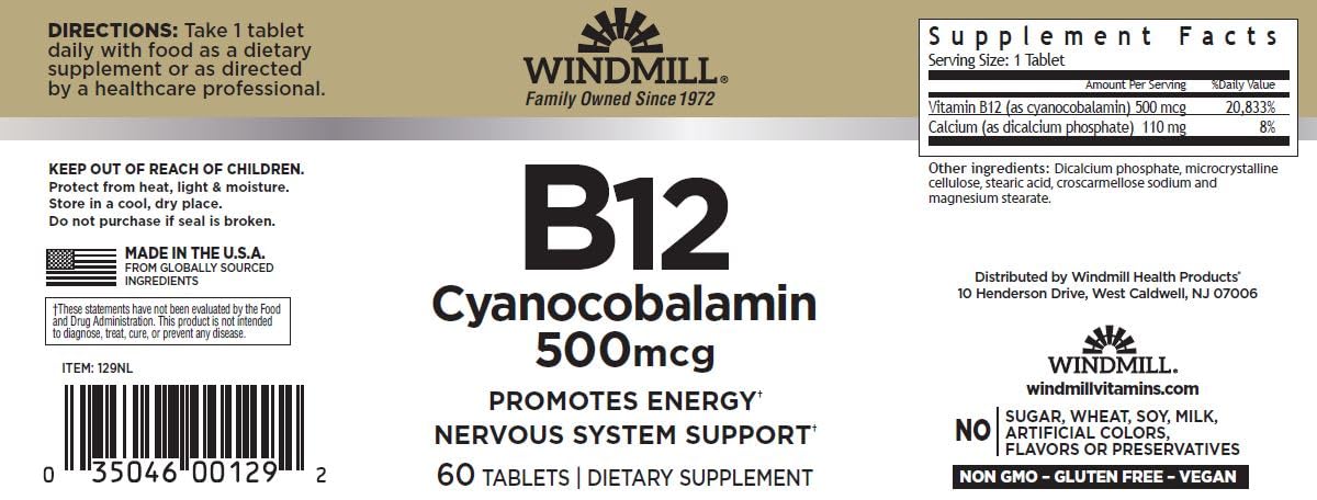 Windmill Vitamin B-12 500 mcg Tablet, 60 Tablets