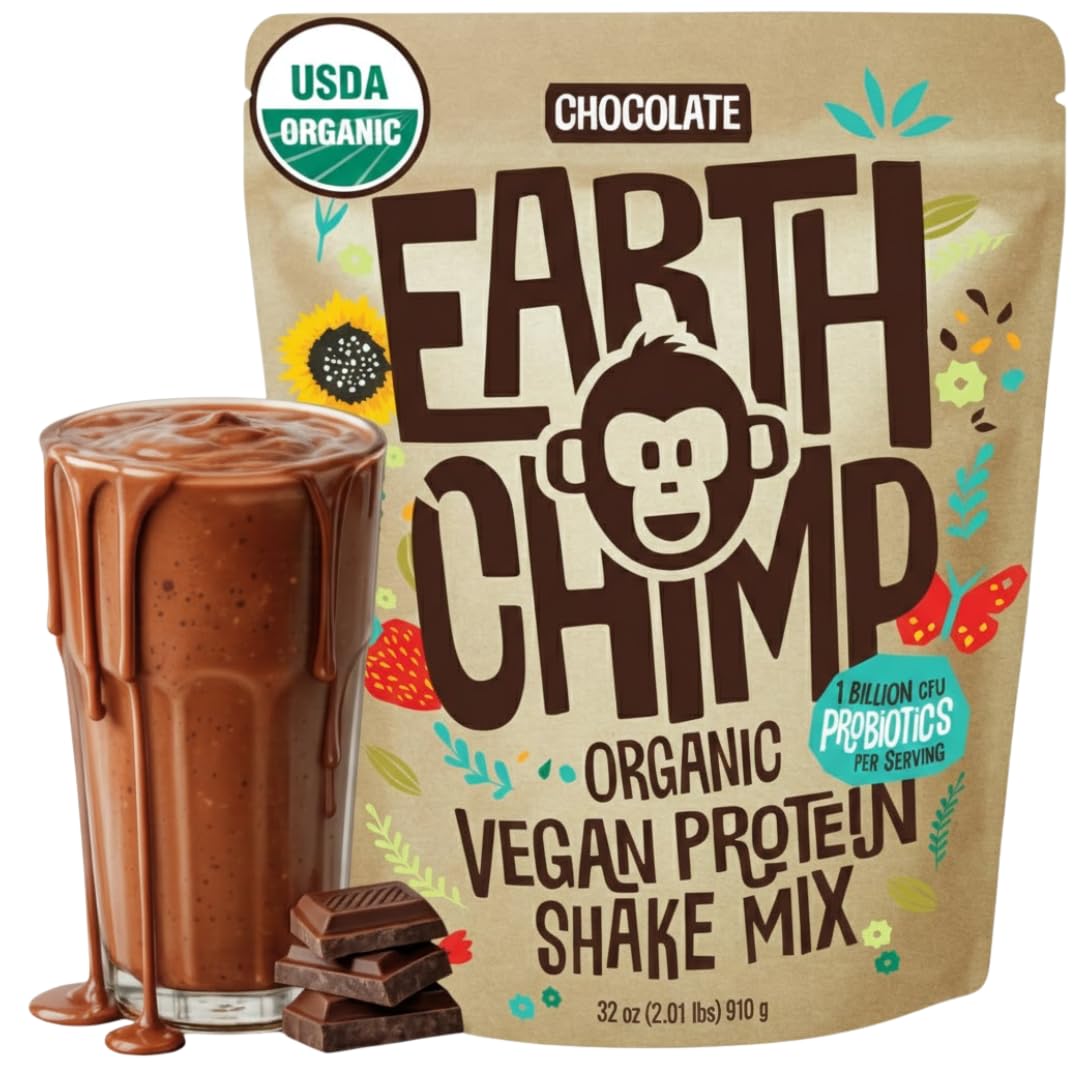 EarthChimp Organic Vegan Protein Powder with Probiotics, Plant Based, Non-GMO, Dairy Free, Gluten Free, 32 oz