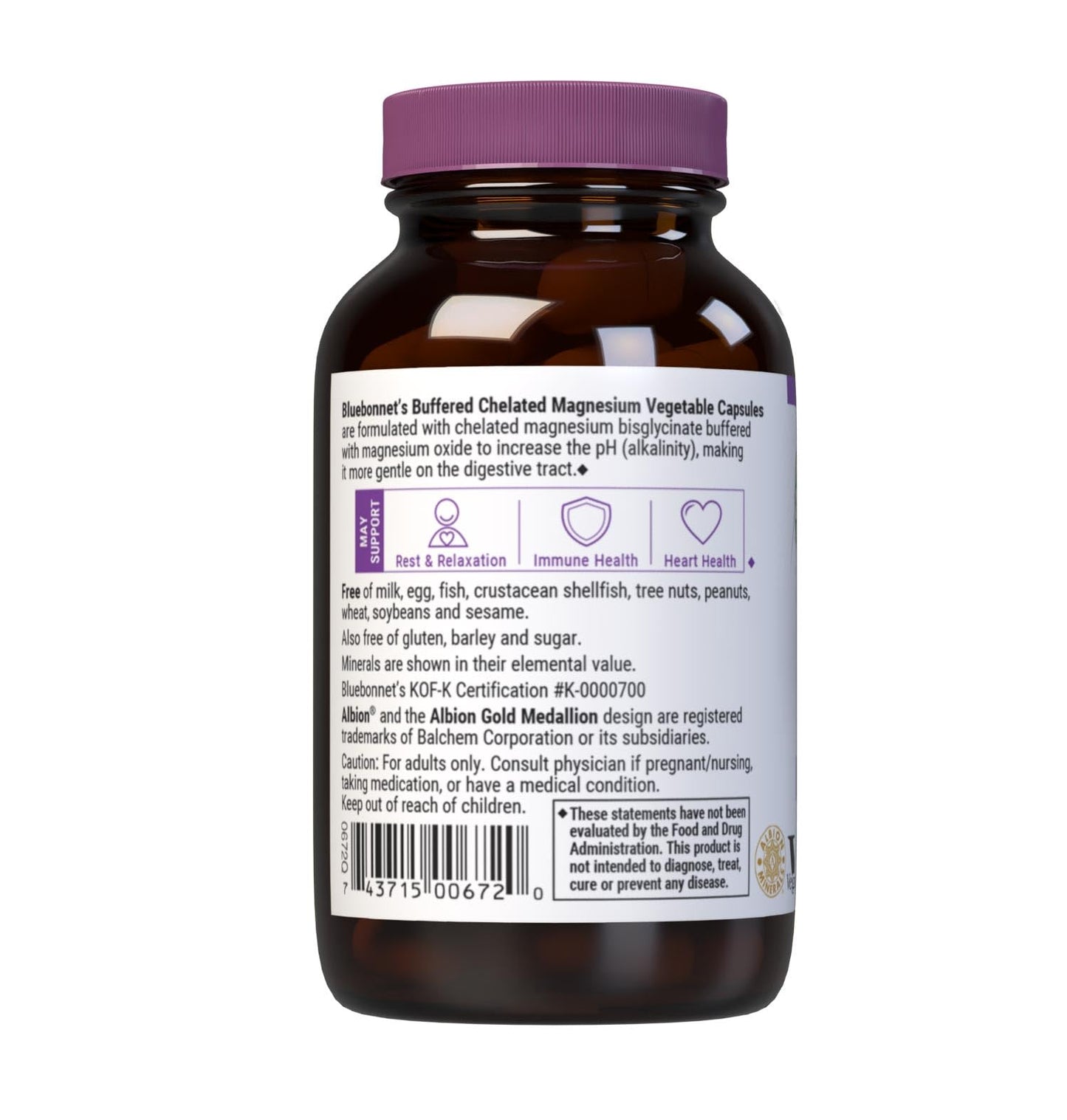 BlueBonnet Albion Buffered Chelated Magnesium 200 mg Capsule, 60 Count