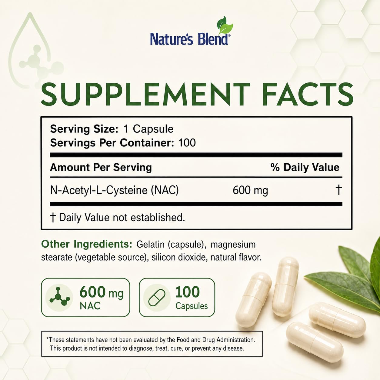 Nature's Blend NAC 600 mg N-Acetyl-L-Cysteine Capsule, 100 Capsules