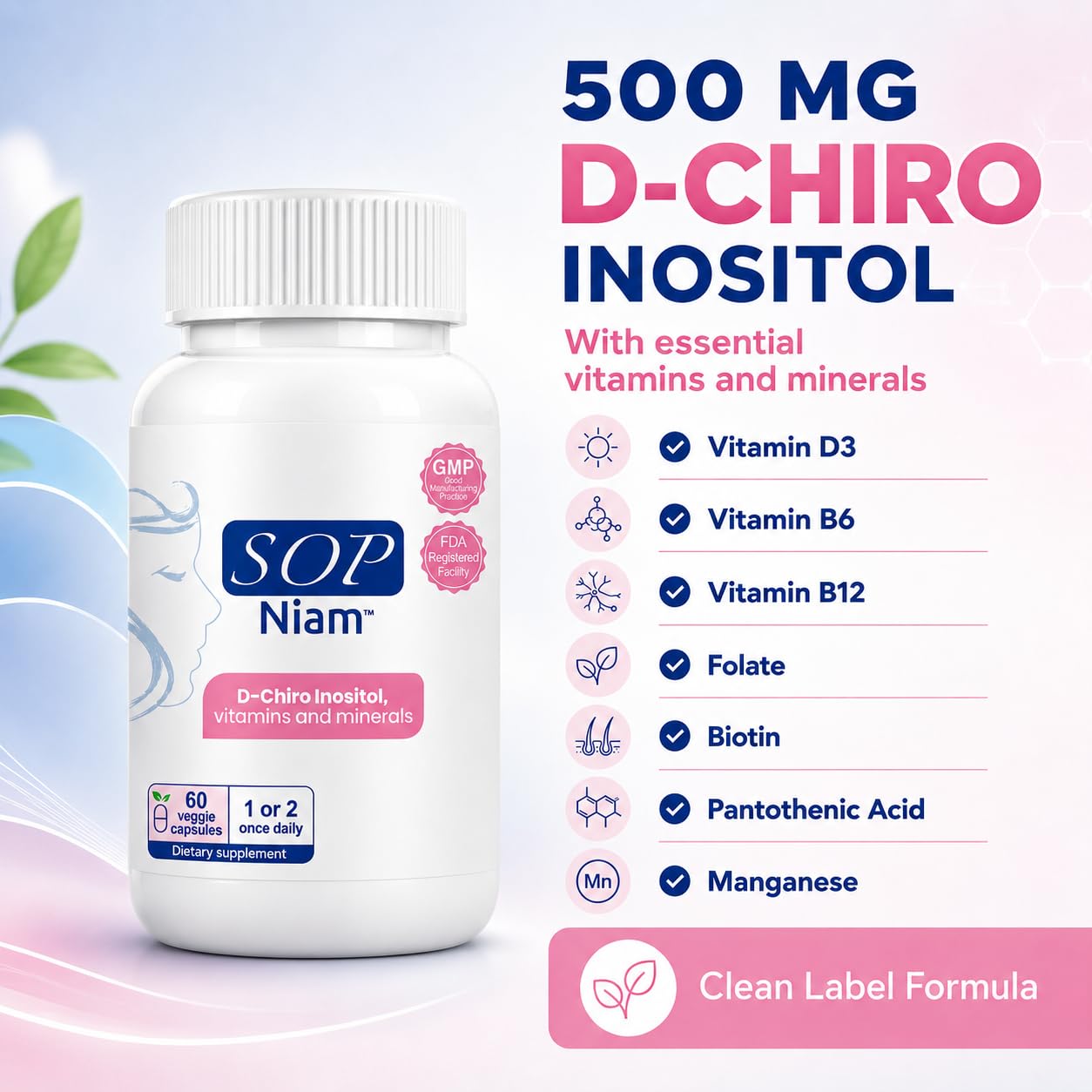 SOP NIAM D-Chiro Inositol 500mg Capsule, 60 Count