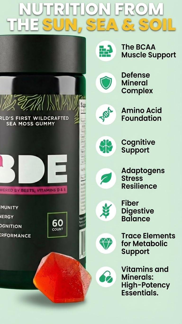 BDE Wildcrafted Sea Moss Gummy Maca Root, Beets, Lions Mane Mushroom, Vitamin D + E - Vegan Collagen, Zinc, Immunity & Detox, Gut Health, 60 Count