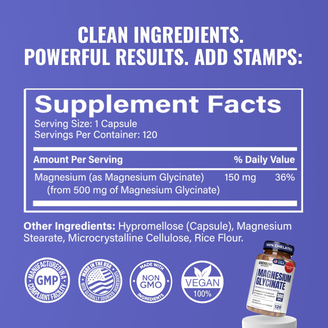 Benevolent Nourishment Magnesium Glycinate Capsules 500mg, High Absorption Formula, 120 Capsules