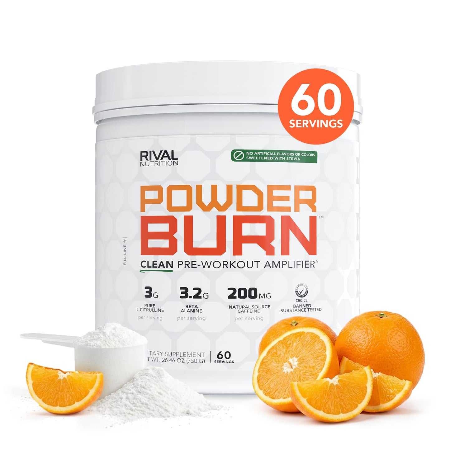 Rival Nutrition Burn Pre-Workout Energy Powder, Juicy Orange, 60 Servings