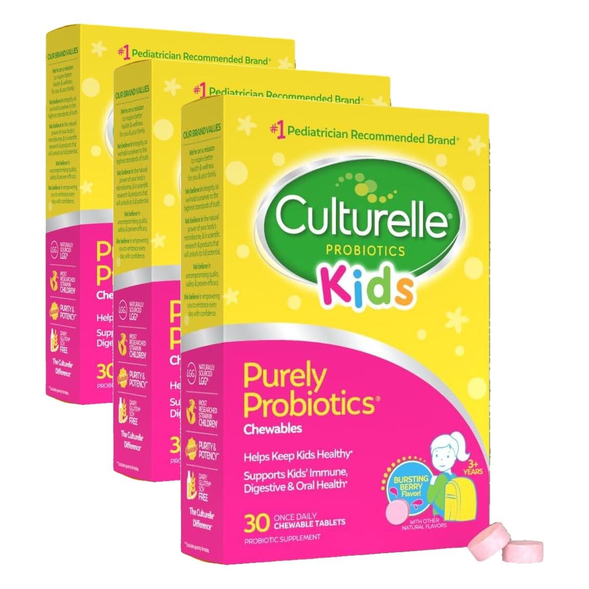 Culturelle Kids Chewable Daily Probiotic for Kids, Ages 3+, Natural Berry Flavored Daily Probiotics for Digestive Health, Oral Care & Immune Support Chewable Tablets 90
