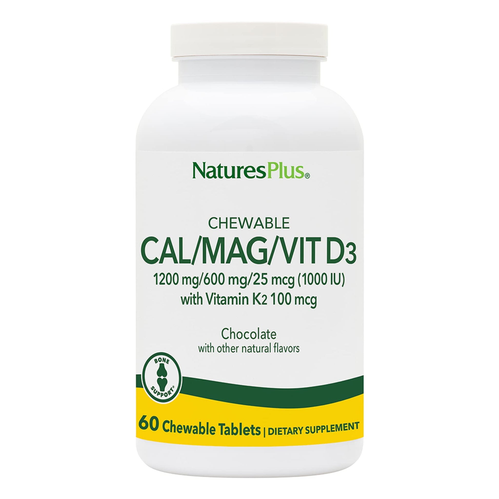 NaturesPlus Cal/Mag/VIT D3 with Vitamin K2 Chewable Tablets, 60 Count