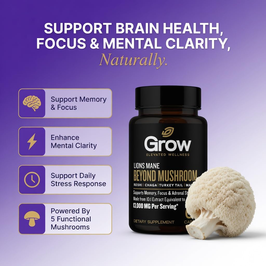 Grow Vitamin Organic Lions Mane Smart Shrooms, for Men & Women - Caffeine-Free Brain Booster, Focus Capsules for Concentration, Brain & Memory Support, 60 Capsules