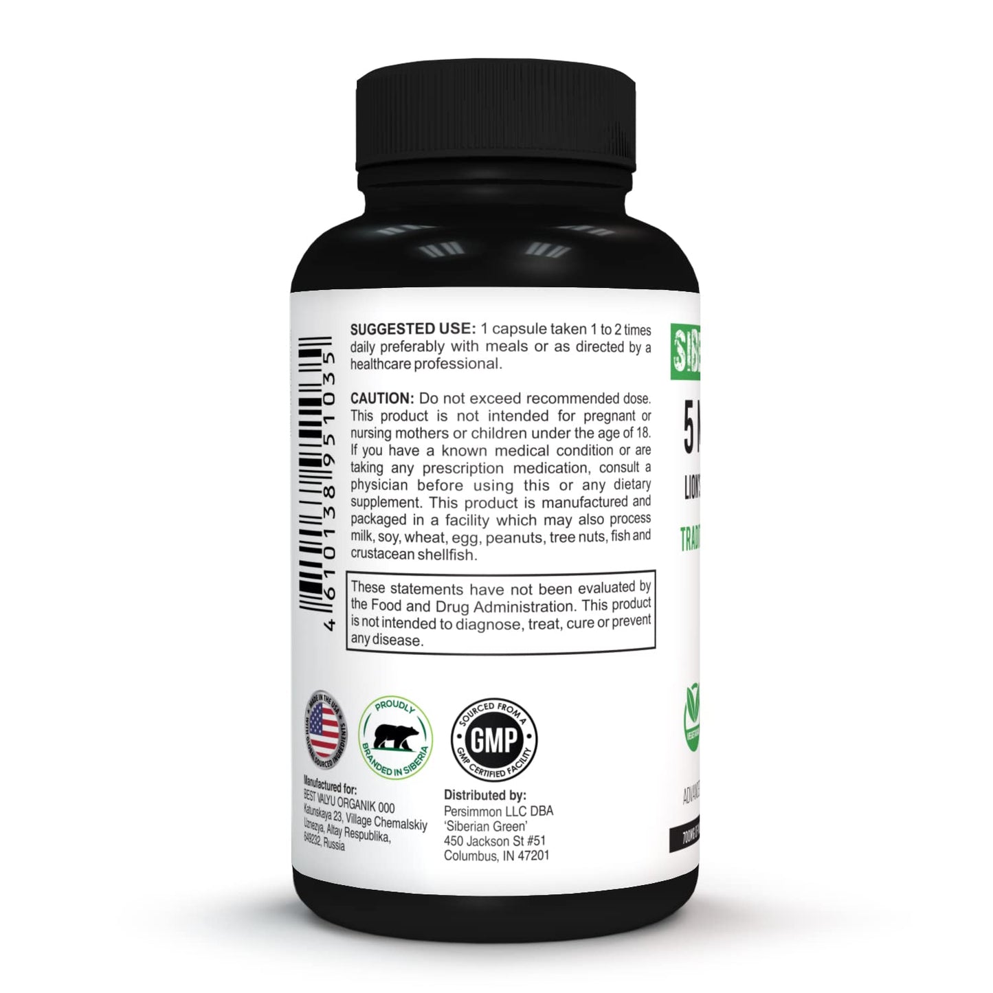 Siberian Green 5 Mushrooms Lions Mane Chaga Shiitake Maitake Reishi Capsules, 60 Count