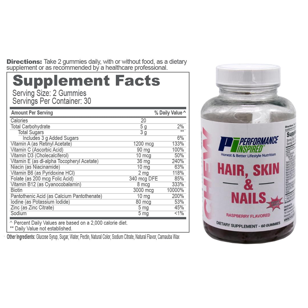 PERFORMANCE INSPIRED Hair, Skin & Nails Gummies – 3000mcg Biotin, 5mg Zinc – Raspberry Flavor – 60 Count