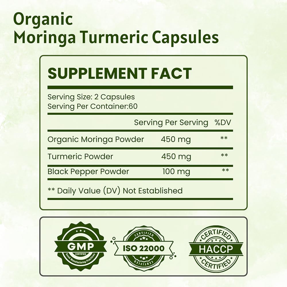 Ireya Ayurveda Organic Moringa Oleifera Powder & Turmeric Root Powder with Black Pepper Tablet, 120 Count