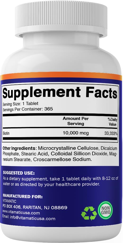 Vitamatic Biotin 10,000 mcg (10 mg) for Stronger Hair, Skin & Nails, 730 Tablets