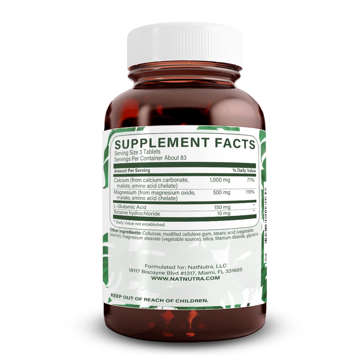 Natural Nutra Chelated Calcium Magnesium 1000/500 mg Supplements Plus Betaine HCL, 250 Tablets