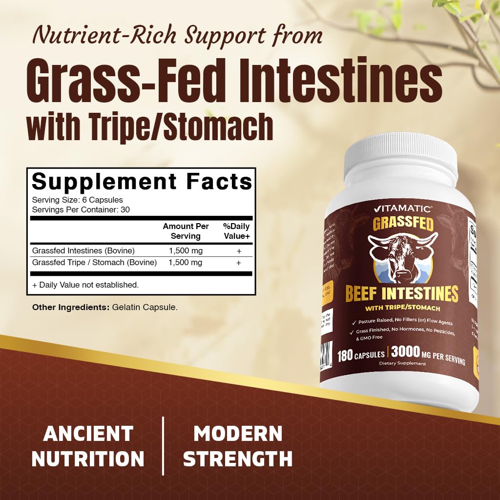 Vitamatic Grass-Fed Beef Intestines + Tripe/Stomach Bovine Liver Supplement Capsules, 180 Count