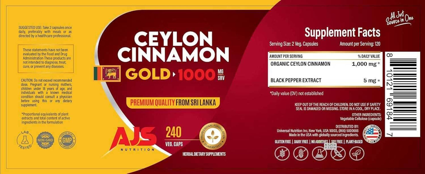 AJS Nutrition Ceylon Cinnamon Capsules, 90 Capsules