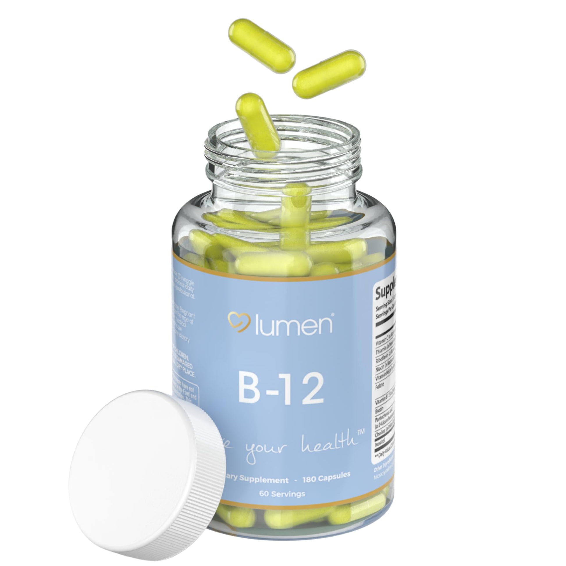 Lumen Naturals B-12 Complex for Women 3000mcg Per Serving with Vitamin C & Biotin Capsules, 180 Count