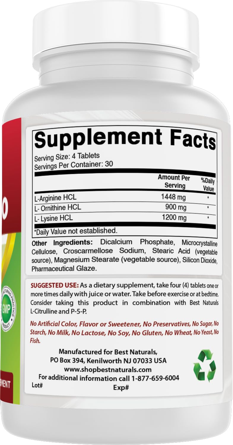 Best Naturals Tri-Amino with L-Arginine, L-Ornithine, L-Lysine Tablets, 120 Count