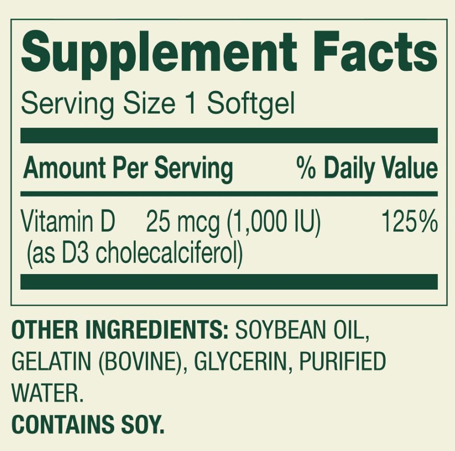 Generic Vitamin D3 1000 IU (25 mcg) Softgels 100 Count