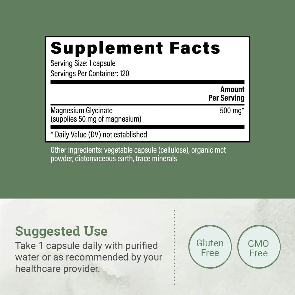 Pure Magnesium Glycinate 500mg - Chelated Magnesium Supplement, High Absorption Capsules for Sleep, Glicinato De Magnesio with Organic MCT Powder (120 Capsules)
